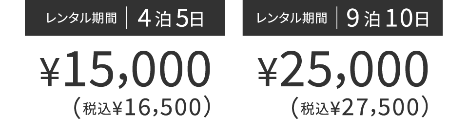 レンタル期間4泊5日￥15,000（税込￥16,500）レンタル期間9泊10日￥25,000（税込￥2,7500）