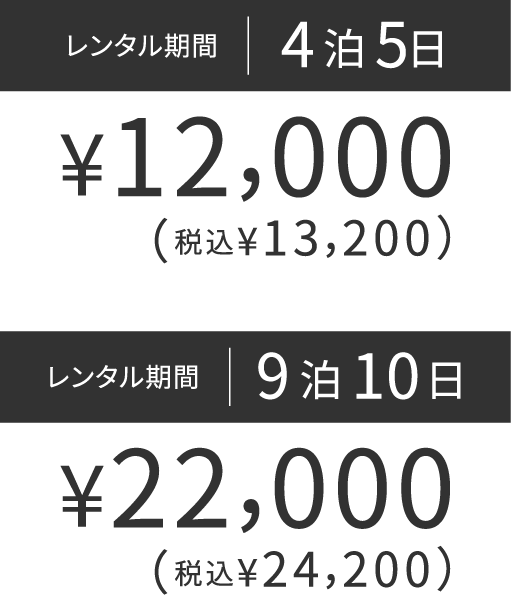 レンタル期間4泊5日￥12,000（税込￥13,200）レンタル期間9泊10日￥22,000（税込￥24,200）