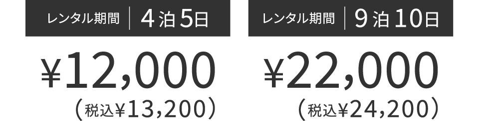 レンタル期間4泊5日￥12,000（税込￥13,200）レンタル期間9泊10日￥22,000（税込￥24,200）